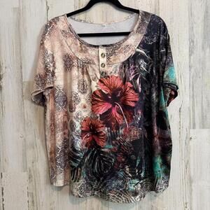 Women’s 2XL Floral Top Boho Tropical Print Button Neck Short Sleeve